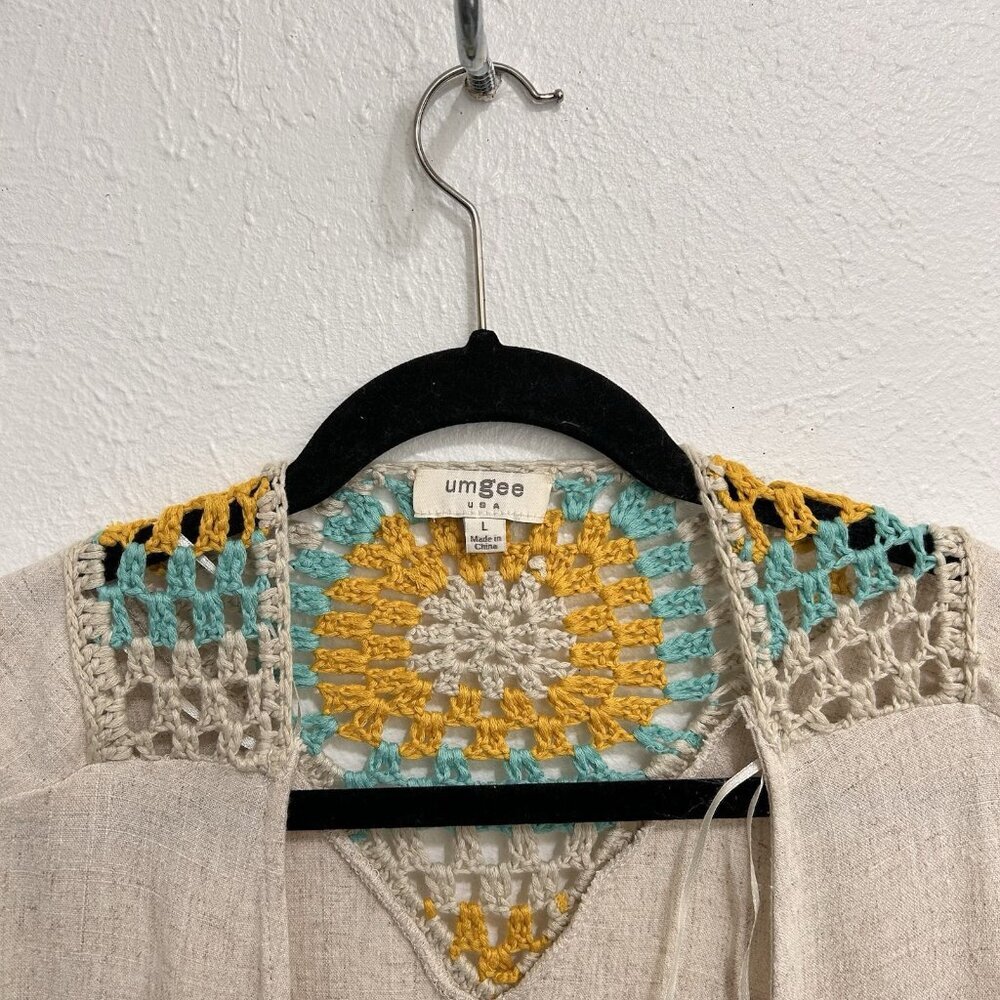 Umgee Crochet Patchwork Kimono Cardigan Oatmeal Open Front Granny core Size L - Picture 3 of 11